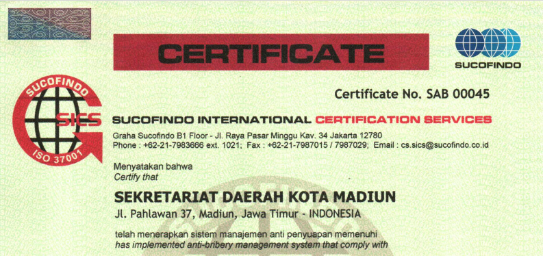Sertifikat ISO 37001:2016 & ISO 9001:2015 Setda Kota Madiun